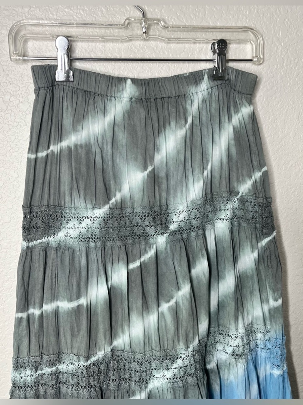 Bohemian Cove Tie Dye Maxi Skirt Blue Gray Tiered Lace Boho Midi Skirt Medium - Picture 2 of 6